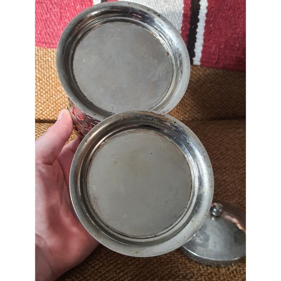 Vintage Coffee & Tea Silver Tone Metal Lidded Red Inside Canisters Counter Set - Picture 4 of 5